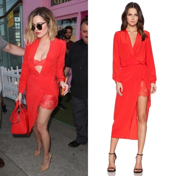 Michelle Mason Dresses & Skirts - MICHELLE MASON Obi Tomato Red Silk Lace Wrap Drape Dress